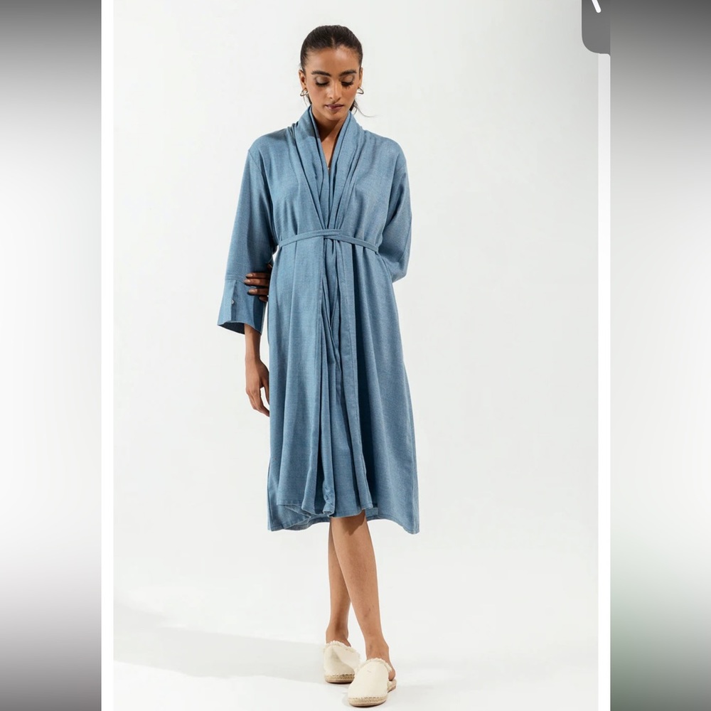 Blue shawl collar long tunic dress